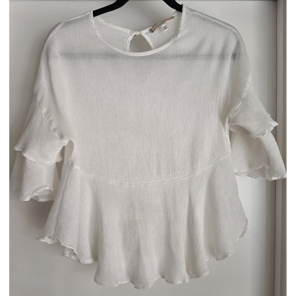 Eri + Ali Blouse XS White Round Neck 3/4 Sleeve Top Shirt Boho Tunic